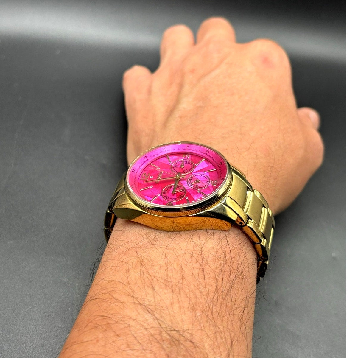 FOSSIL BQ1682 Stella Collection Hot Pink Dial Golden Bracelet Women's Watch