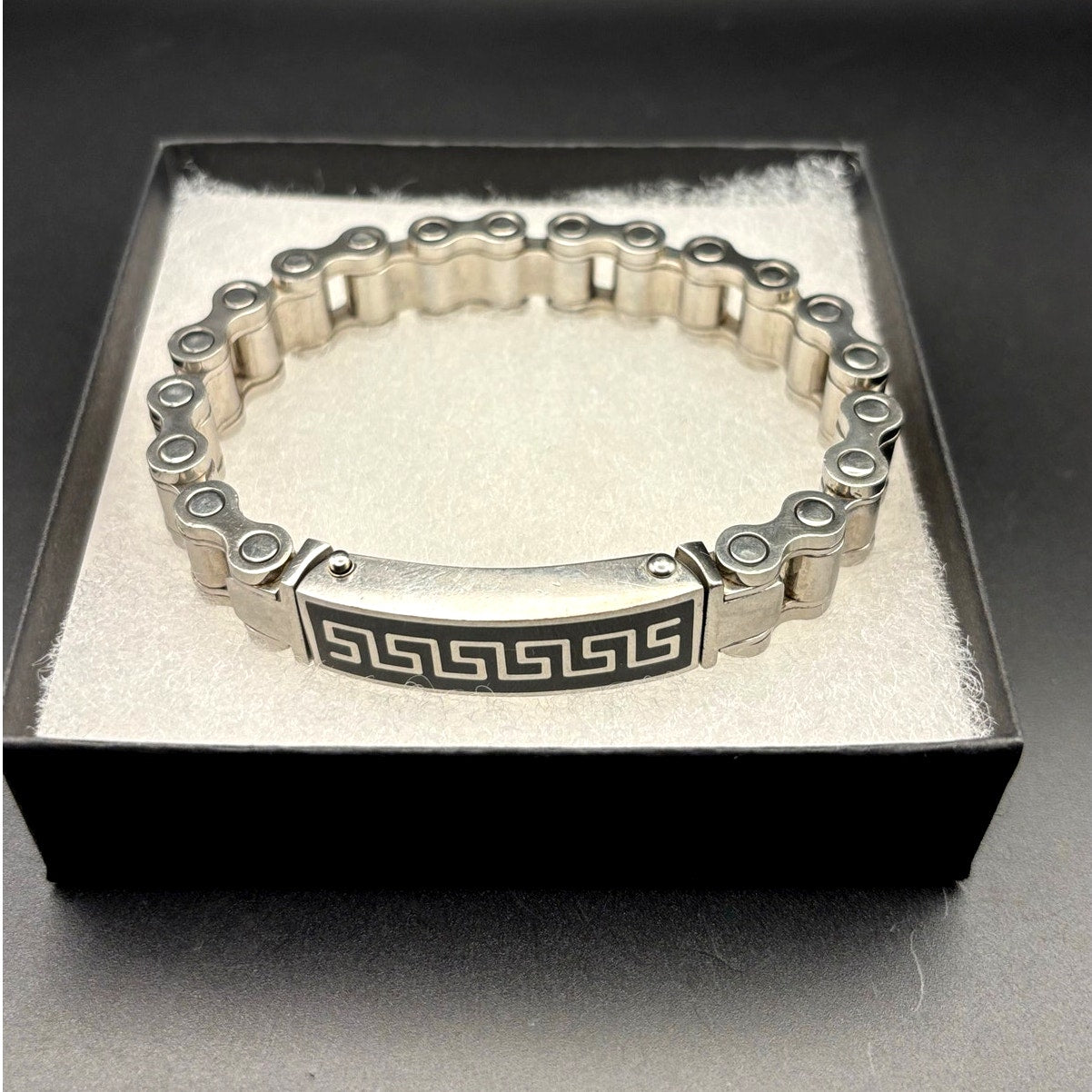 Mens Stainless Steel Chain Bracelet Black Onyx Inlay Greek Key New In Box