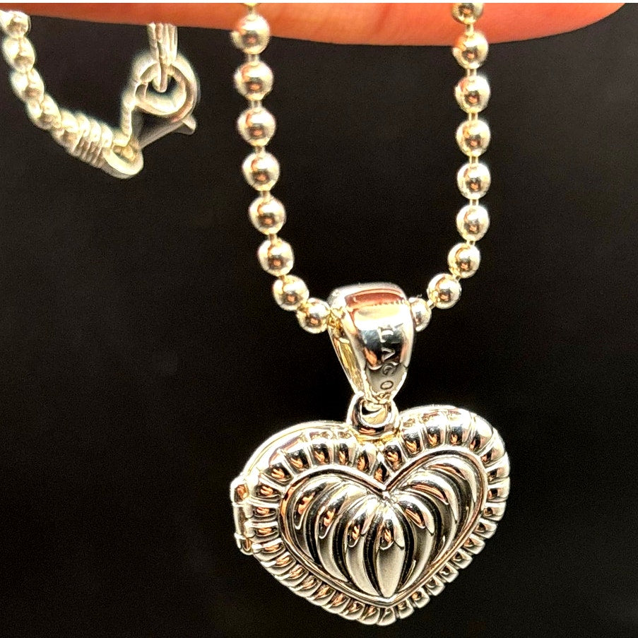 Lagos Beloved Fluted Heart Sterling Silver Locket Necklace Caviar Bead Chain NWT