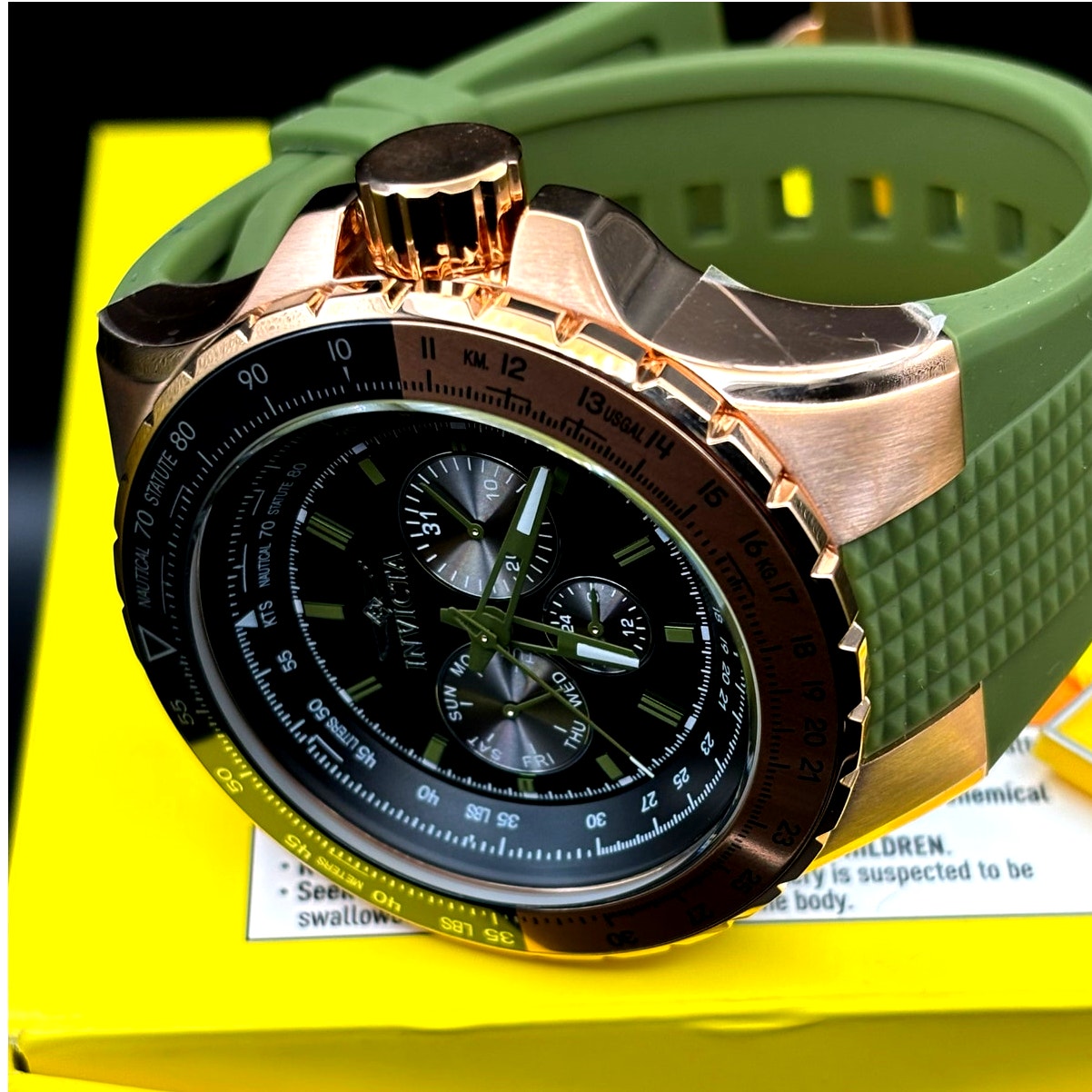 Invicta Aviator Skyshock 39311 50mm Men's Gold Green Silicone Strap Watch NIBWT