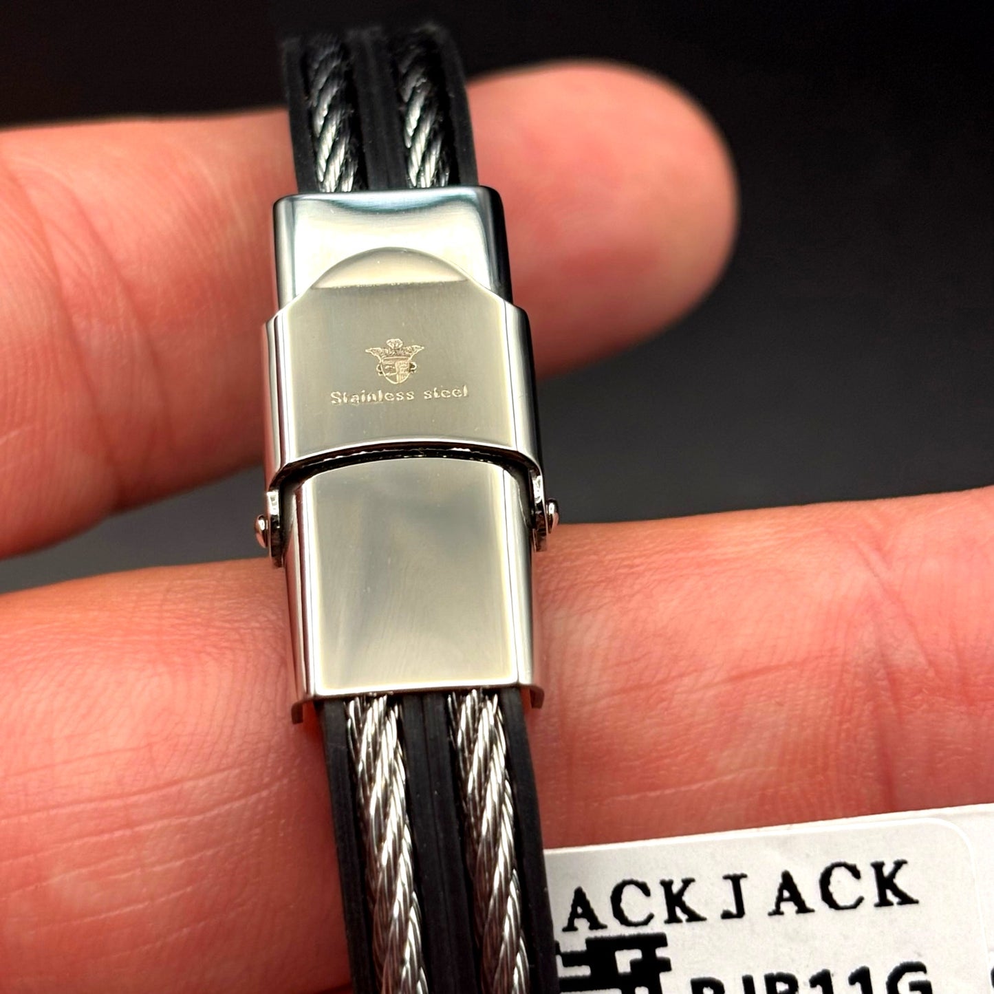 Blackjack BJB11G Mens Black Silicone Gold Stainless Steel Wire Bangle Bracelet