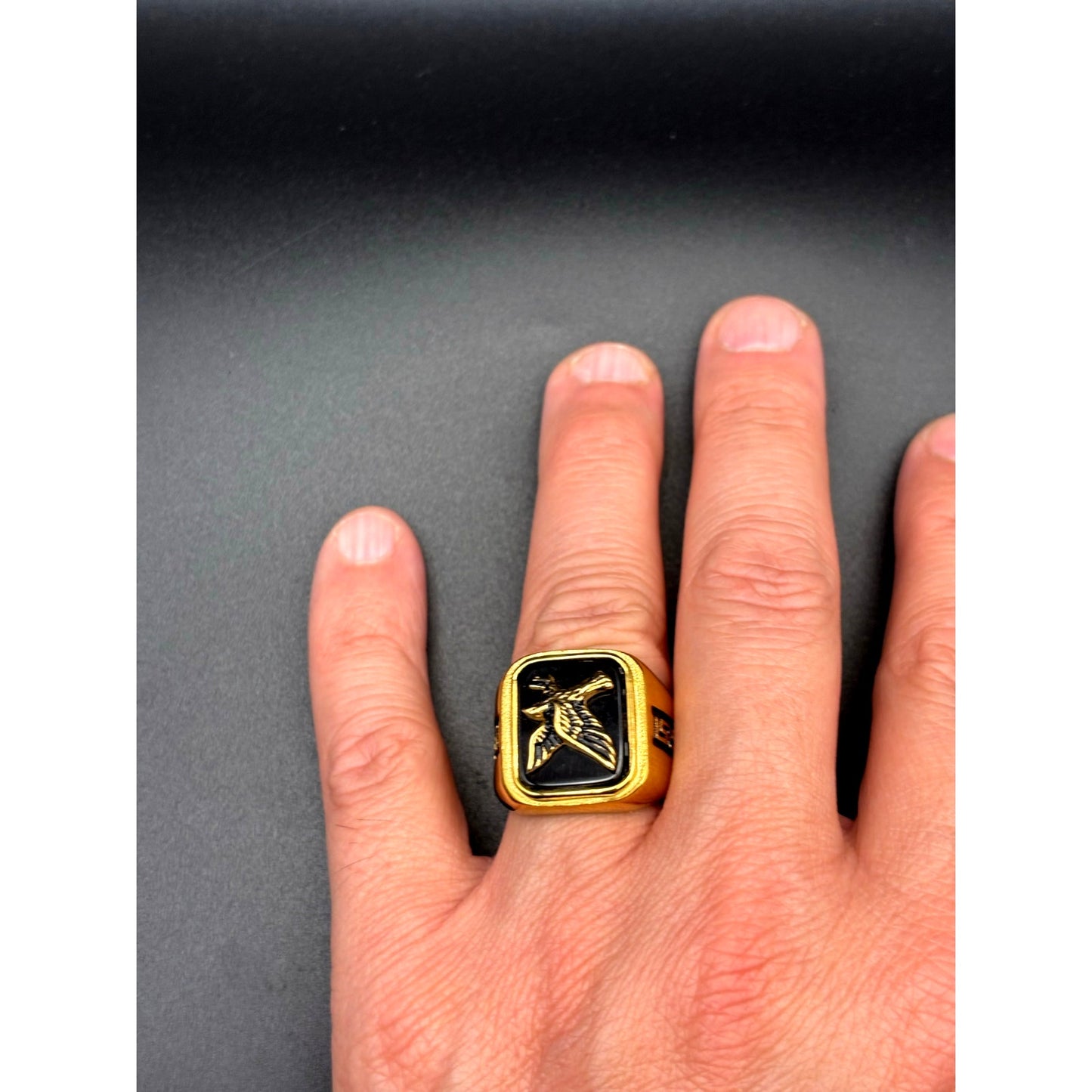Blackjack BJZ03G Mens Onyx Eagle Ring 18K Gold Plated Stainless Steel NWT