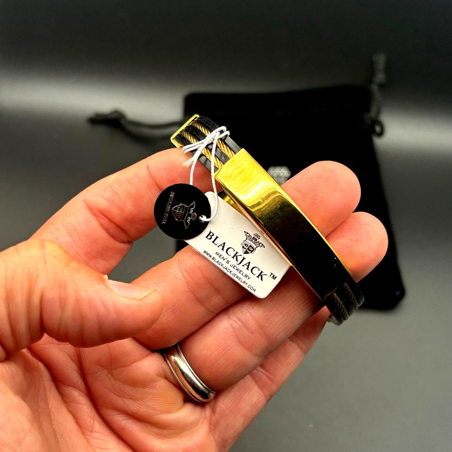 Blackjack BJB251G Mens Black Silicone Gold Stainless Steel Wire Bangle Bracelet