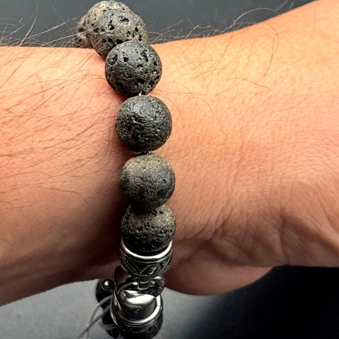 Blackjack Men’s 10mm Lava Stone Stainless Steel Beaded Bracelet NIBWT