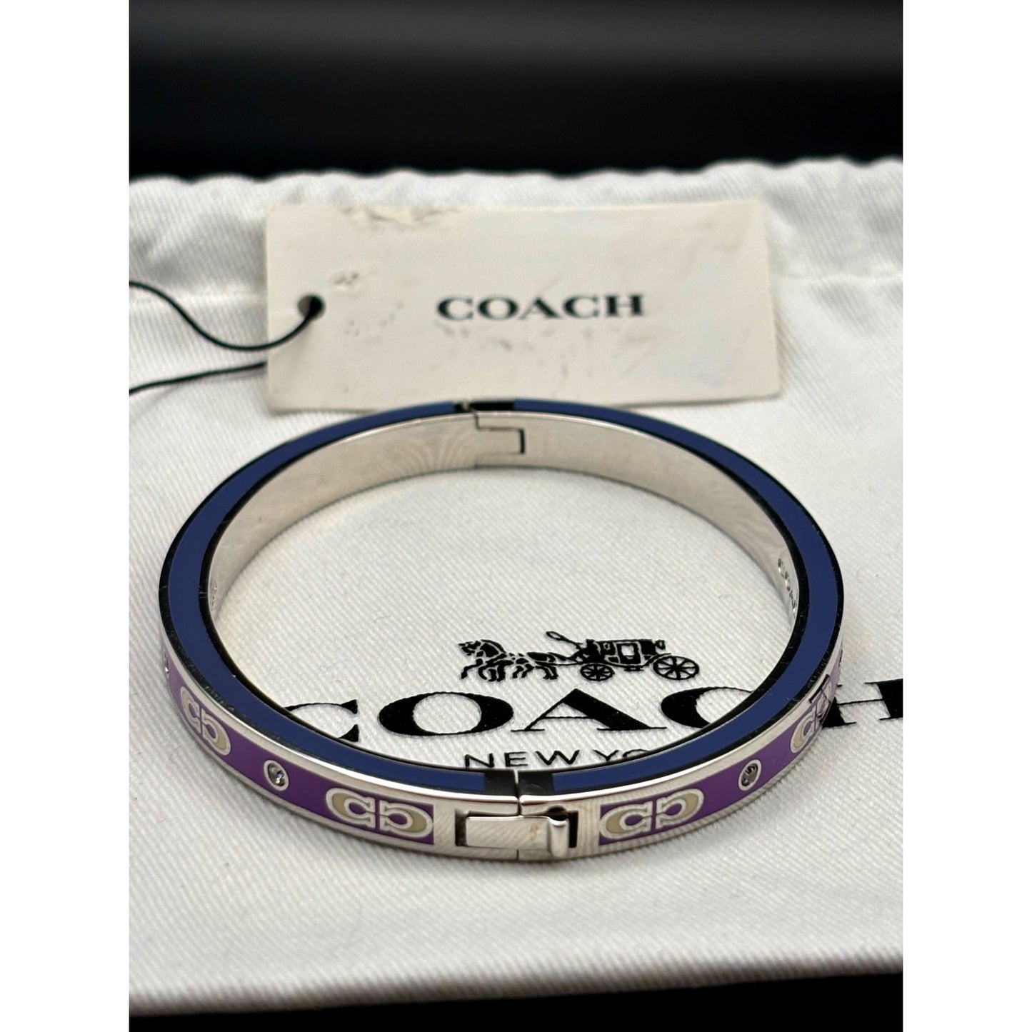 Coach CY053 Kissing Signature Enamel Hinged Bangle Purple and Blue Color NIBWT