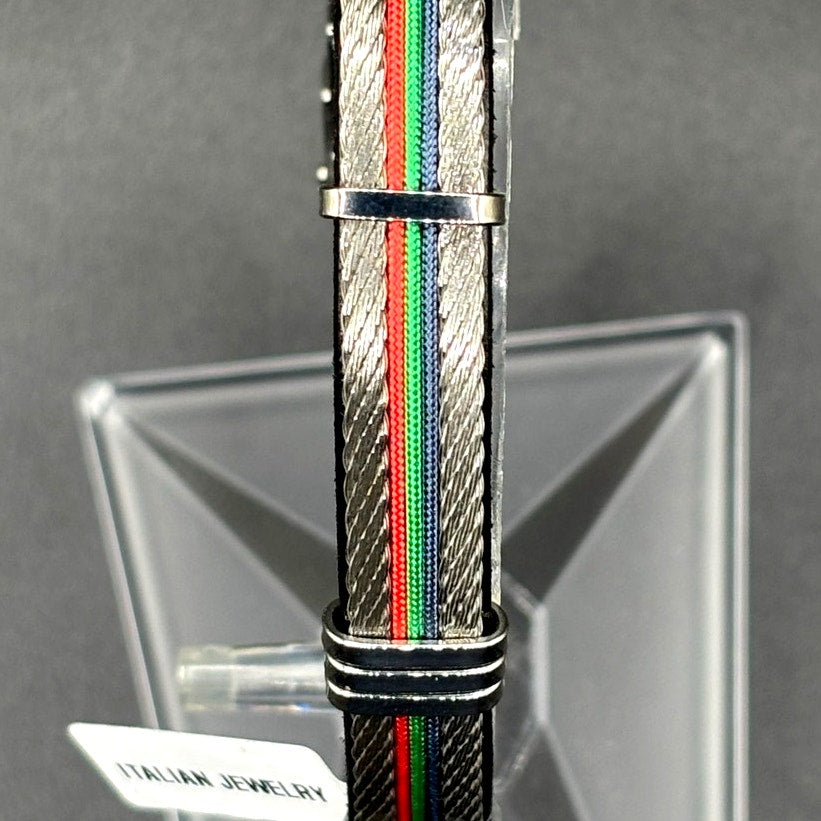 AMEN Italian Stainless Steel Cable Men's Bracelet Leather Red Green Blue NWT
