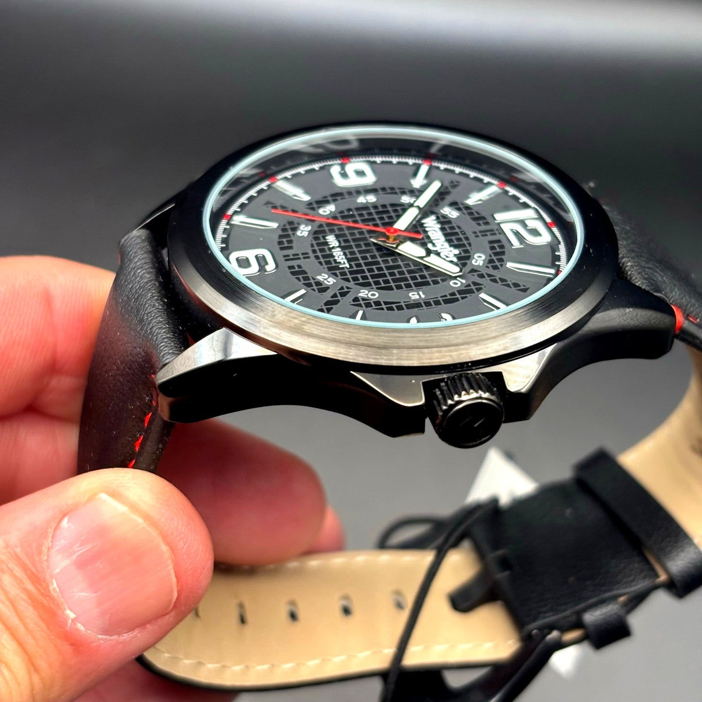 Wrangler WRW2400-1A Mens Black Analog Watch Black Leather Red Stitching Strap