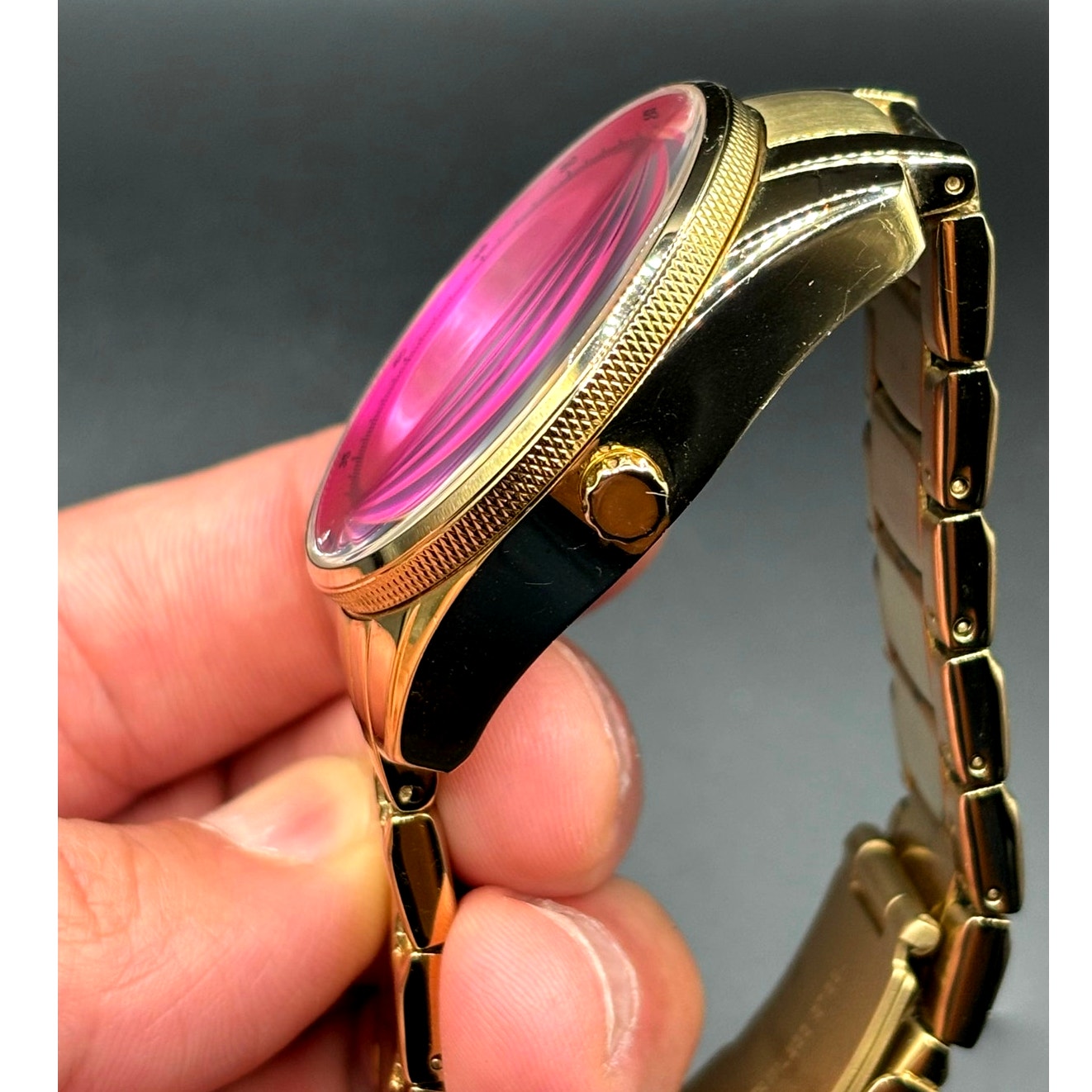 FOSSIL BQ1682 Stella Collection Hot Pink Dial Golden Bracelet Women's Watch