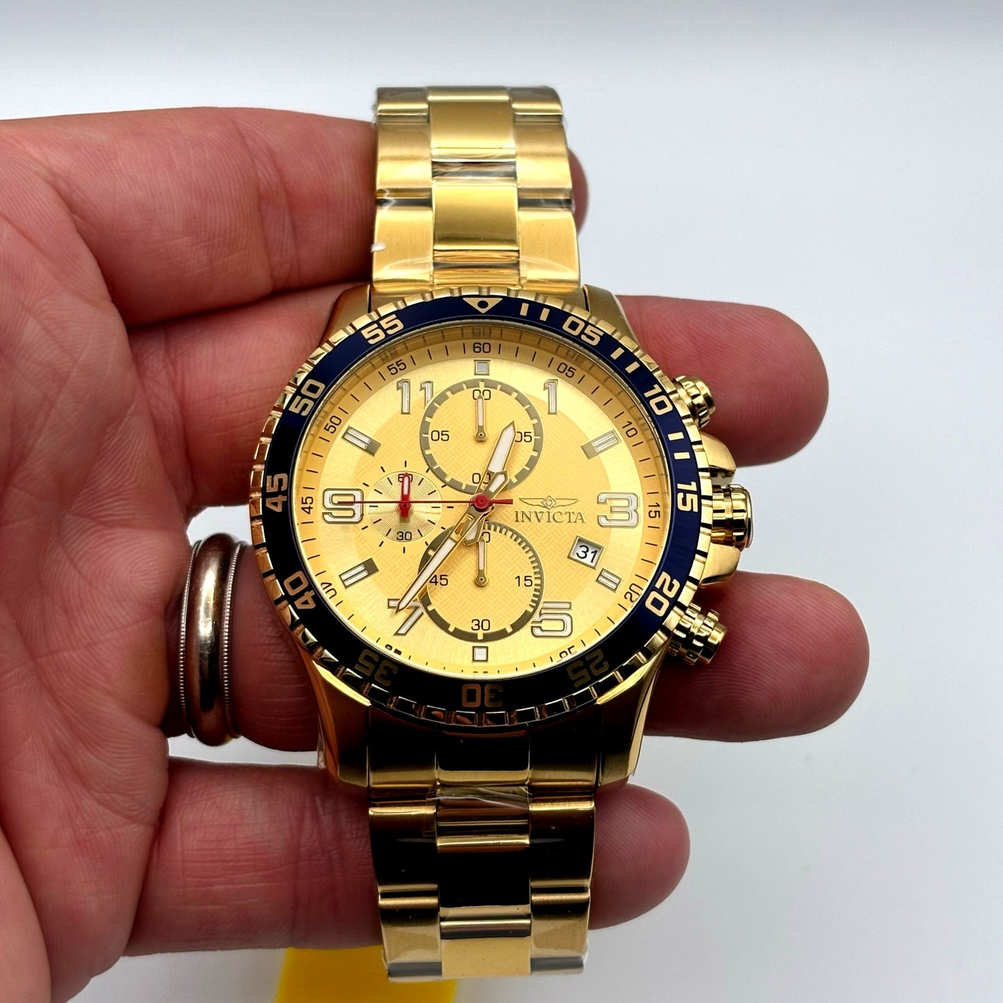 Invicta Specialty 49095 Mens Chronograph 45mm Gold Stainless Steel Blue Bezel