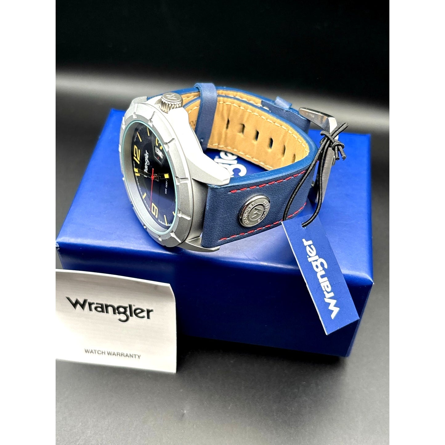 Wrangler WRW5002-2B Men’s Stainless Steel Blue Leather Date Watch NIBWT