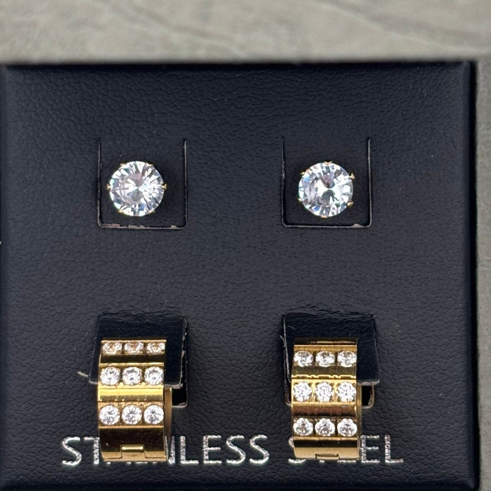 SteelTime Men’s Stainless Steel Earring Set – Gold Huggies + CZ Studs