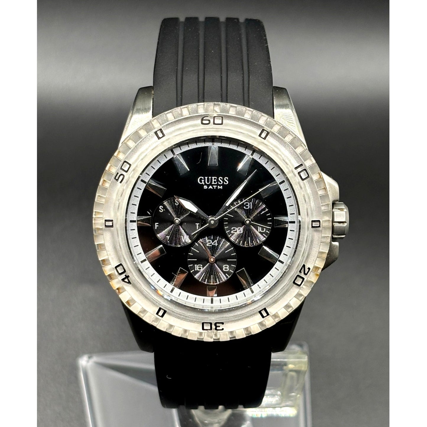 GUESS W85027G3 Men's Multifunction Clear Bezel Black Silicone Strap 44mm Watch