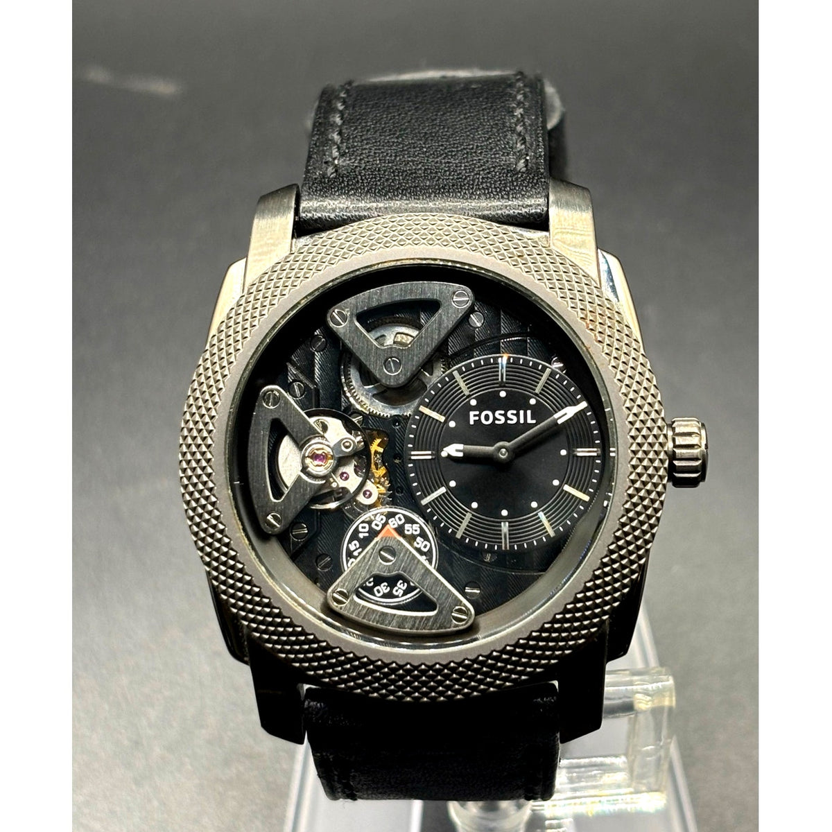 Fossil ME1129 Machine Twist Hybrid Smoke Gray Black Leather Men's Watch 45mm