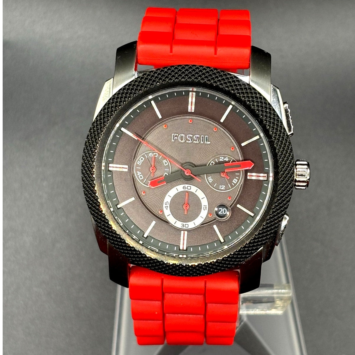 Fossil FS4598 Machine Chronograph Men’s Silver Red Silicone Strap Watch