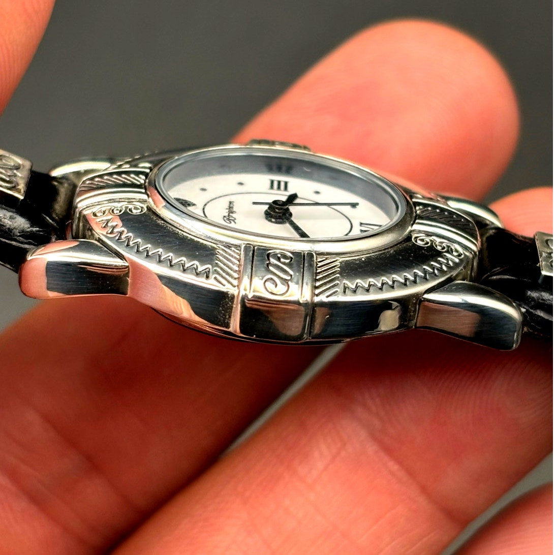 Brighton Moscow Women’s Silver Oval Black Italian Leather Vintage Watch NIB