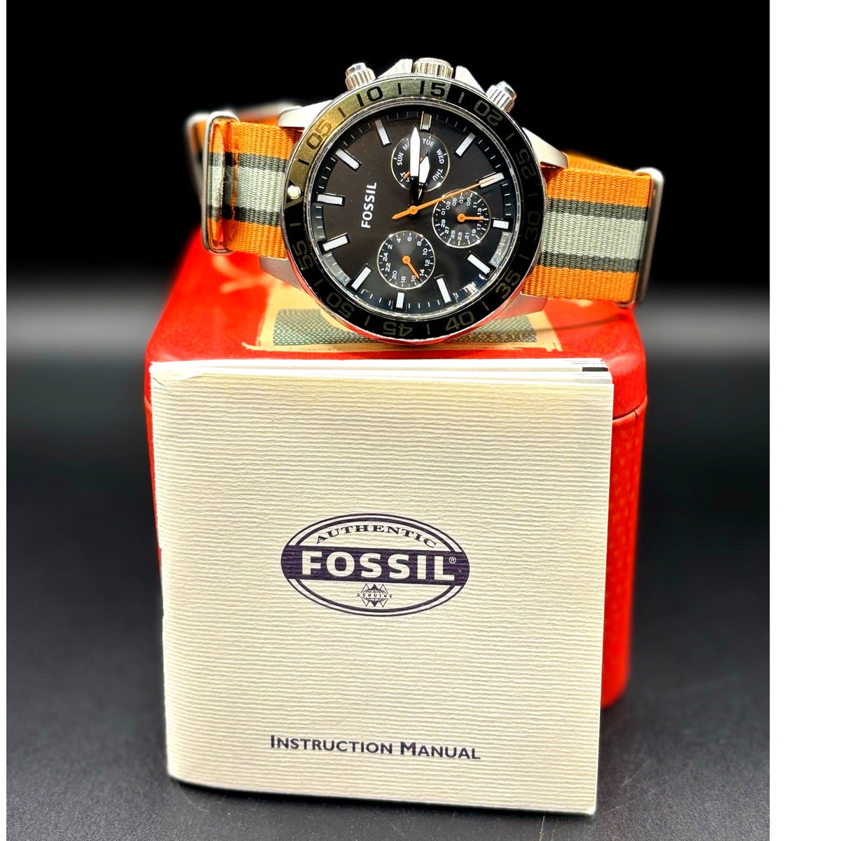 Fossil Bannon BQ2677 Multifunction Black Dial Orange Green Nylon Mens Watch 45mm