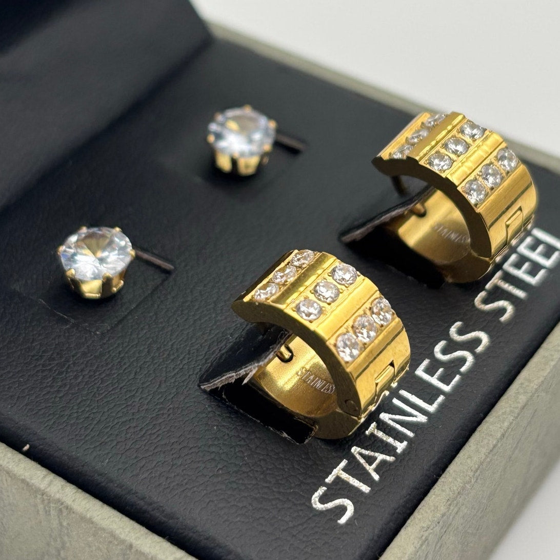 SteelTime Men’s Stainless Steel Earring Set – Gold Huggies + CZ Studs
