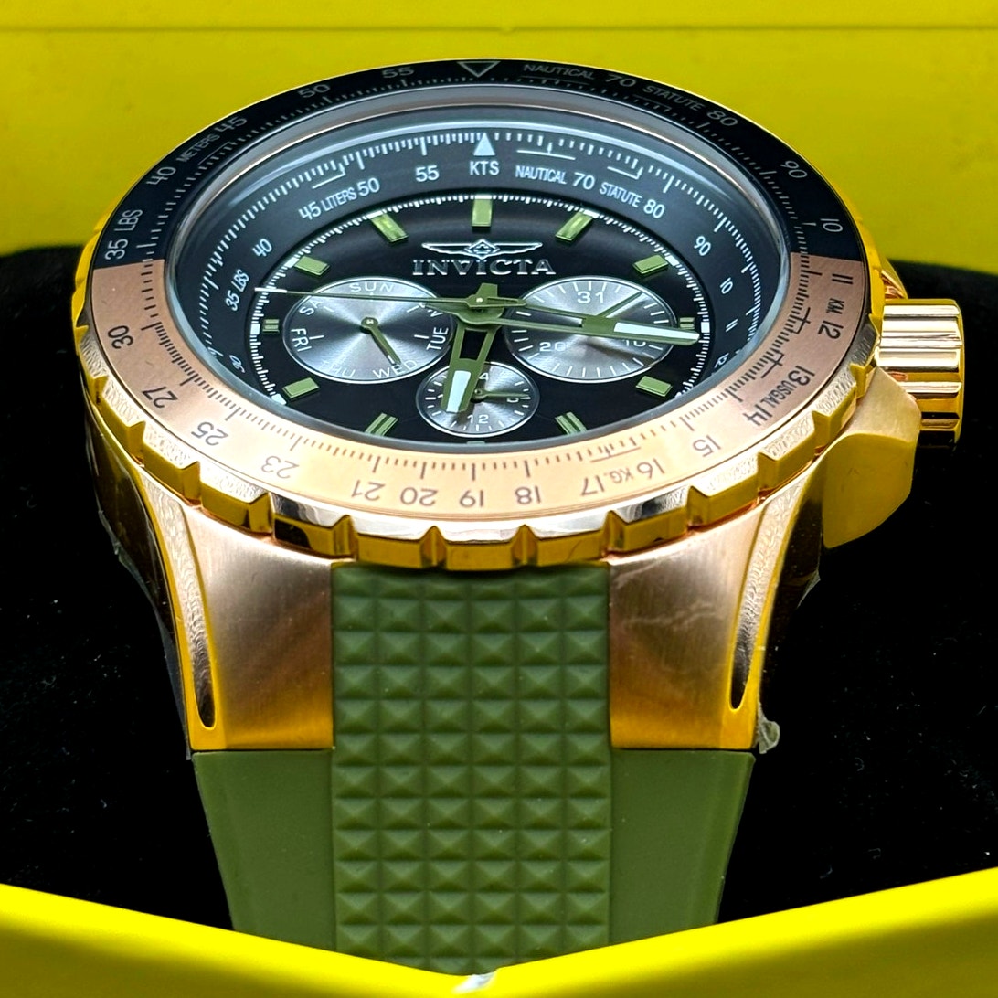 Invicta Aviator Skyshock 39311 50mm Men's Gold Green Silicone Strap Watch NIBWT