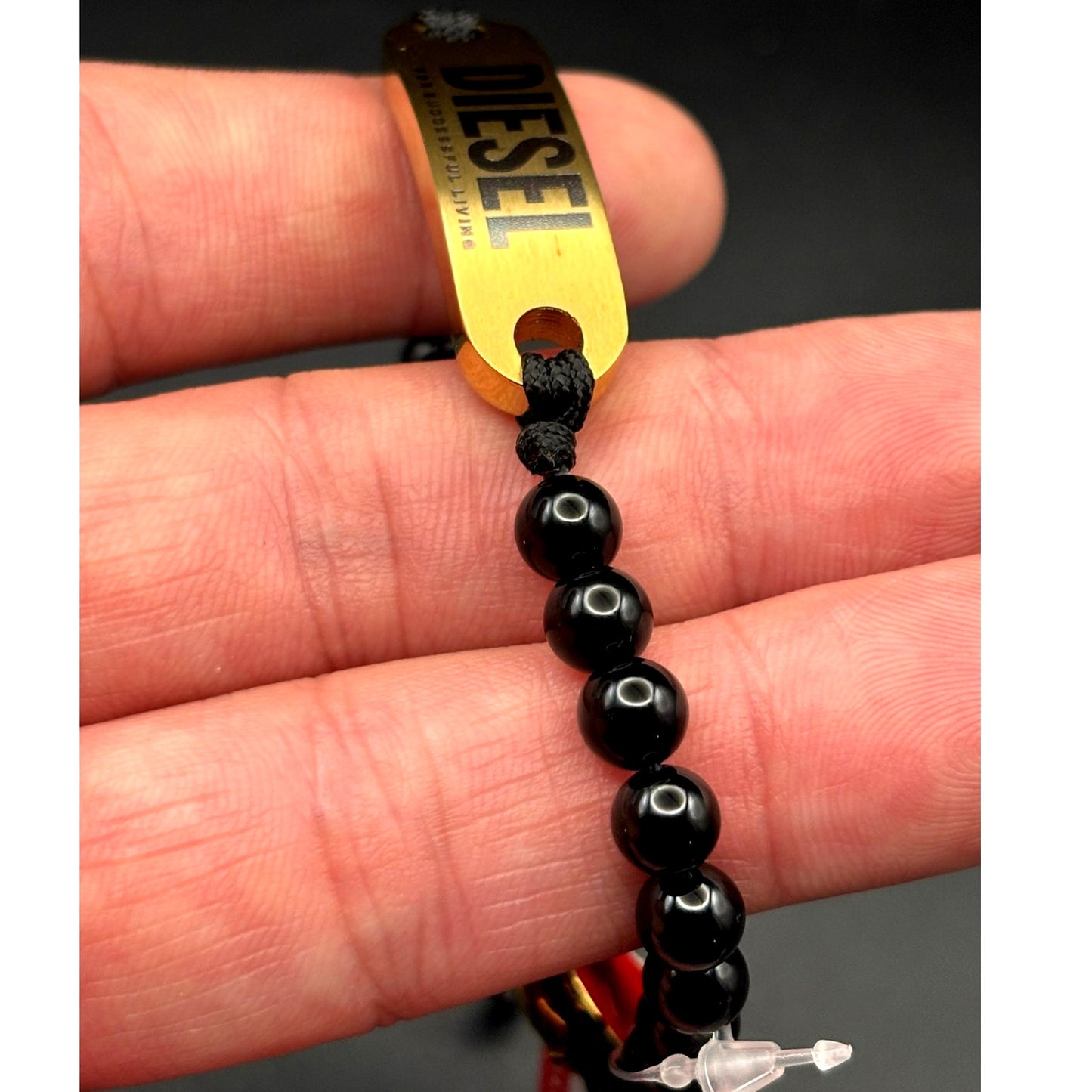 Diesel DX1360710 Men’s Black Bead Gold Tone ID Adjustable Bracelet NIBWT