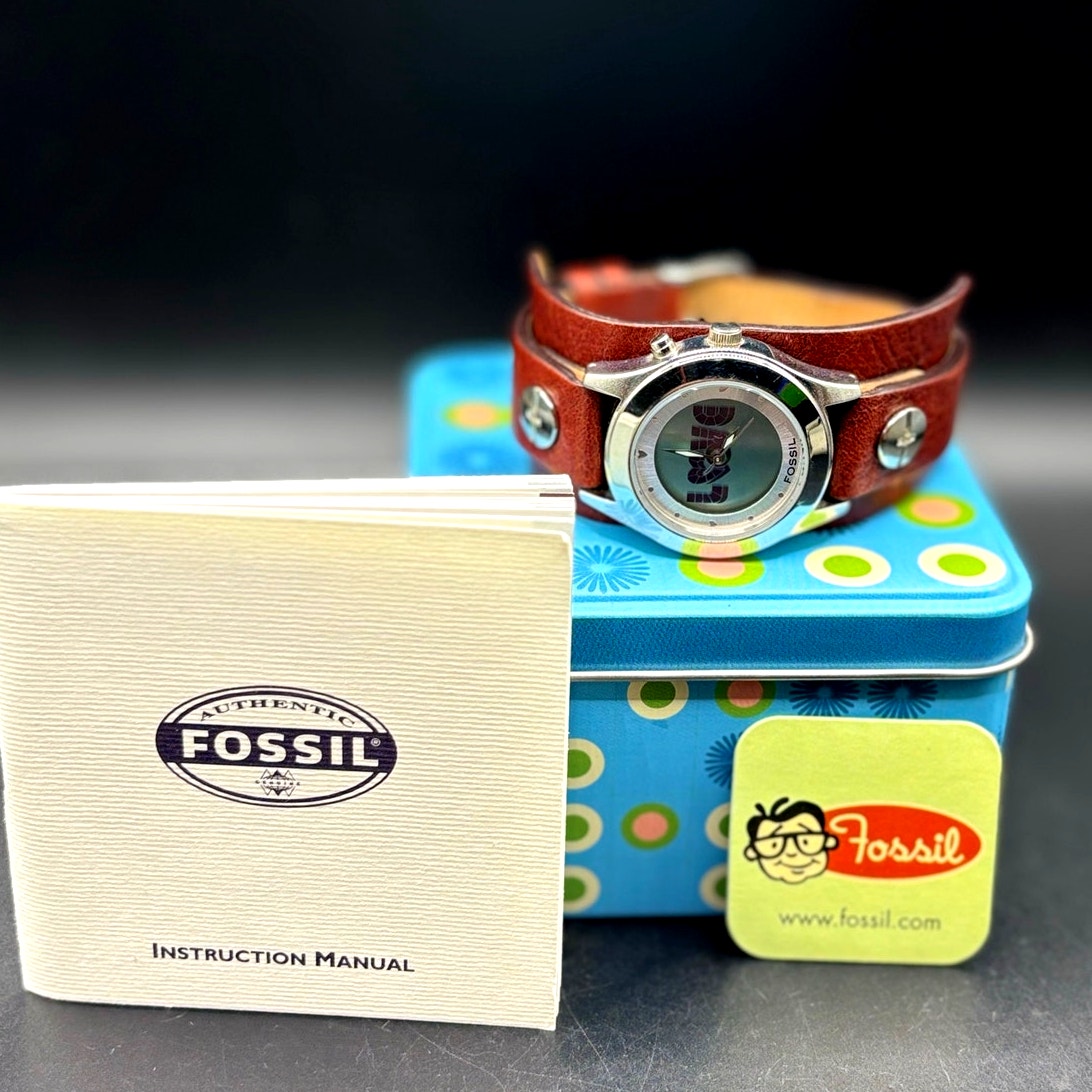 Fossil Big Tic JR8260 Love Rainbow Heart Animated Y2K Leather Vintage Watch