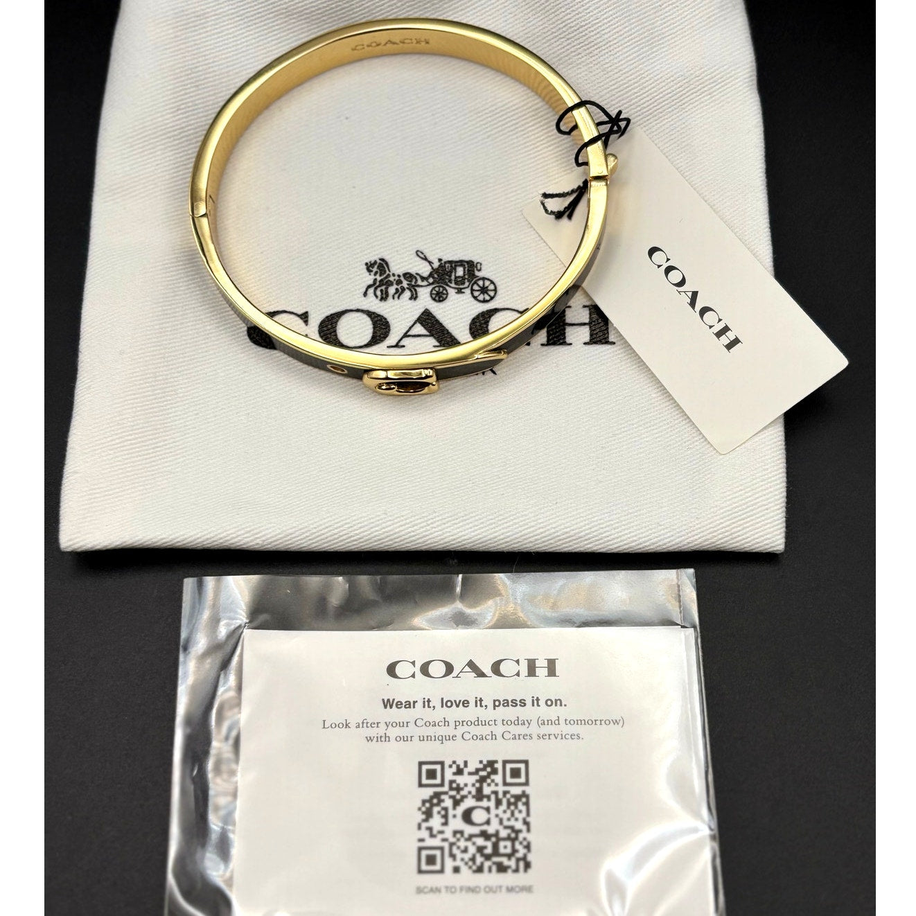 Coach 408104GLD001 Thin Enamel Signature Push Hinged Bangle Gold/Black NWT