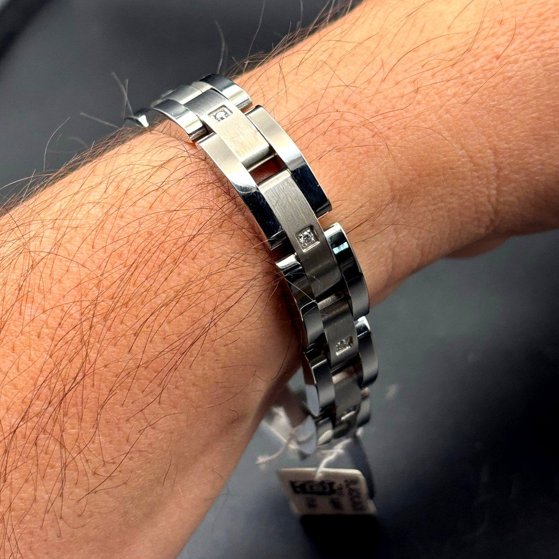 Blackjack BJB49T Men's Curved Link Stainless Steel Bracelet Cubic Zirconia NIBWT