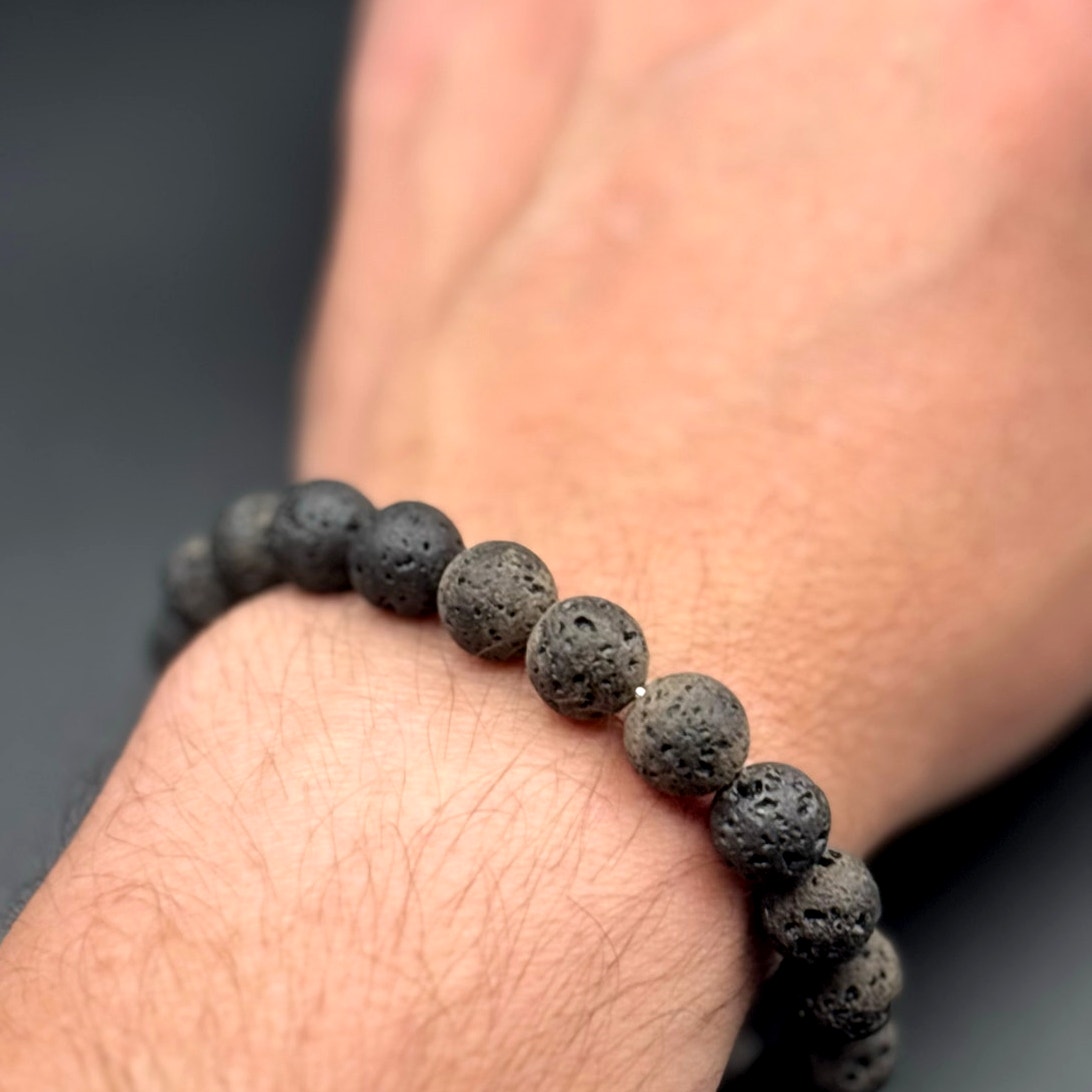Blackjack Men’s 10mm Lava Stone Stainless Steel Beaded Bracelet NIBWT