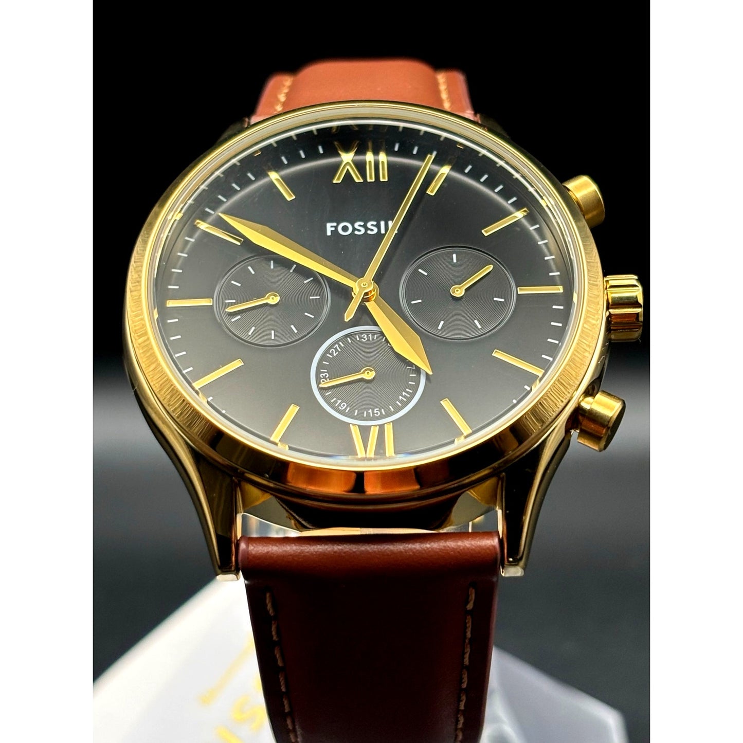 Fossil Fenmore BQM2404 Men's Multifunction Gold Tone Leather Strap Watch NIBWT