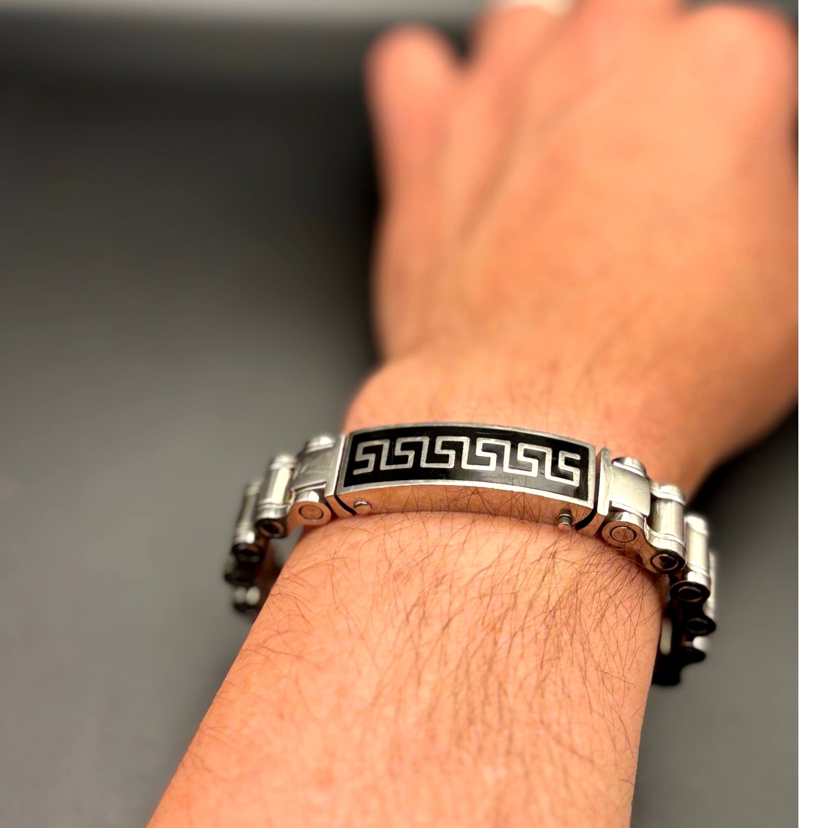 Mens Stainless Steel Chain Bracelet Black Onyx Inlay Greek Key New In Box