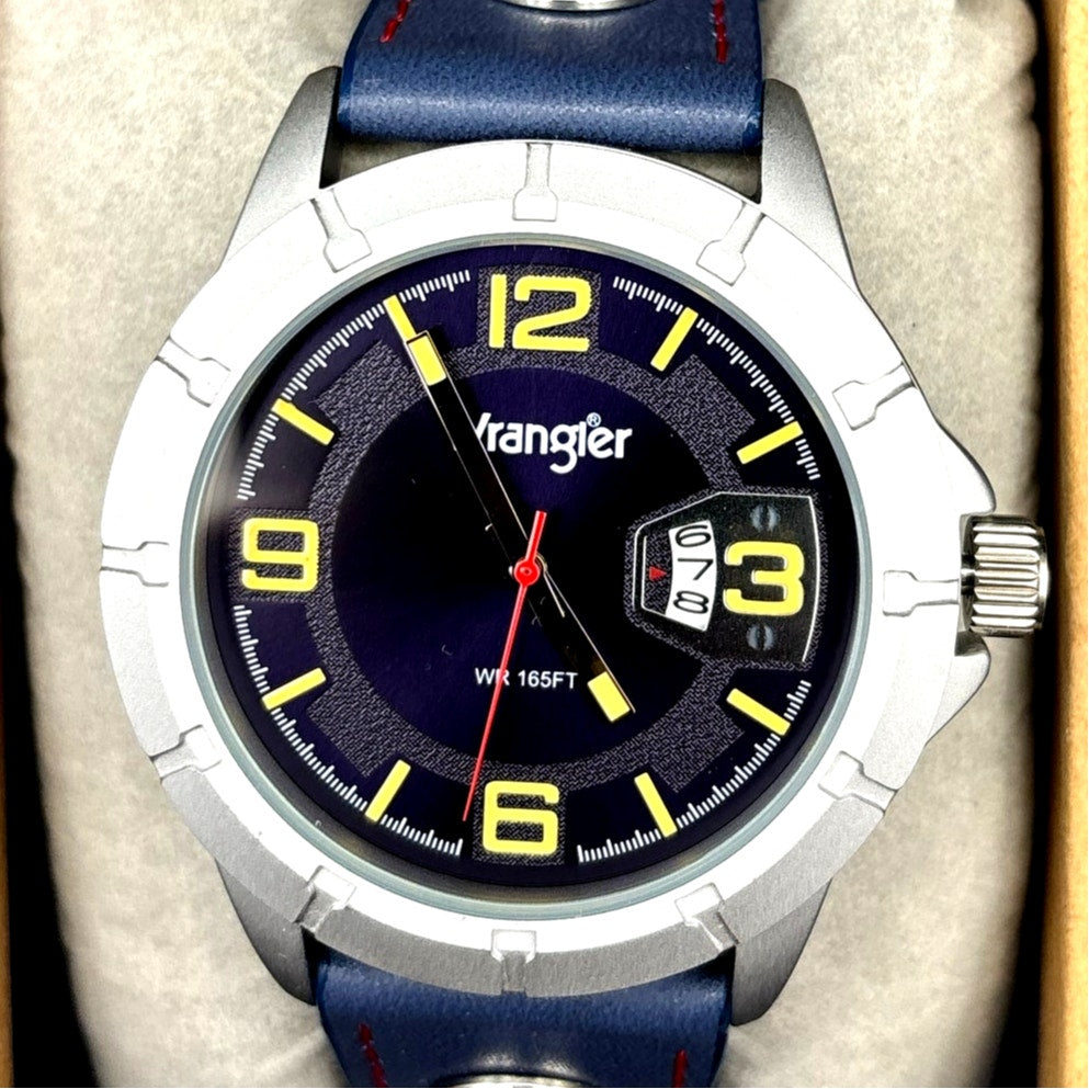 Wrangler WRW5002-2B Men’s Stainless Steel Blue Leather Date Watch NIBWT