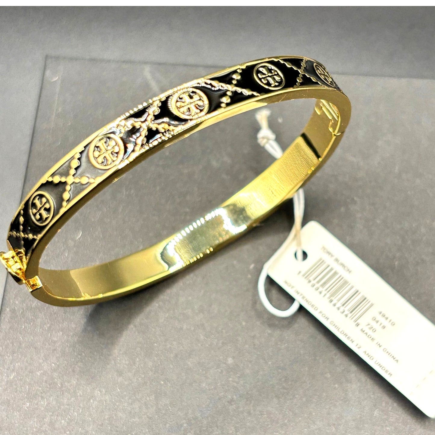 Tory Burch Icon Double T Black Gold Tone Hinged Women’s Bracelet NWT