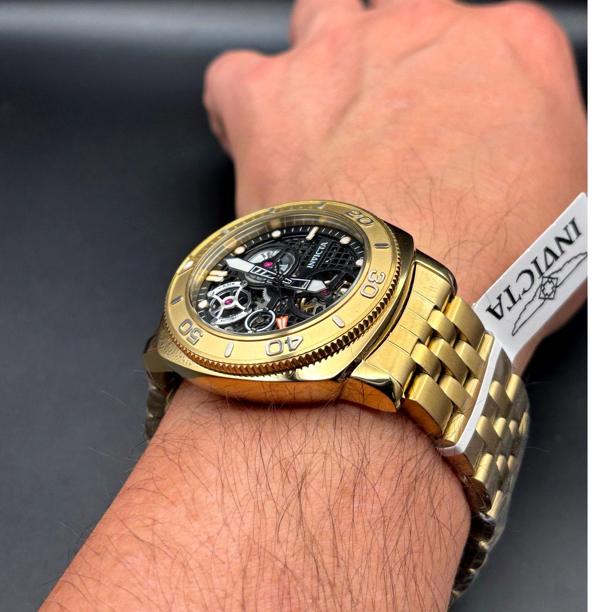 Invicta 69465 Sea Hunter Automatic Skeleton Dial Gold Tone Mens Watch 44mm NIBWT
