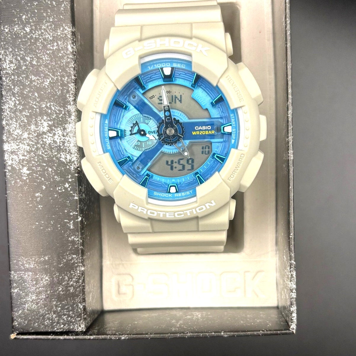 Casio G-Shock GA110AS-5A Men’s Beige Resin Blue Dial Analog Digital Watch NIBWT