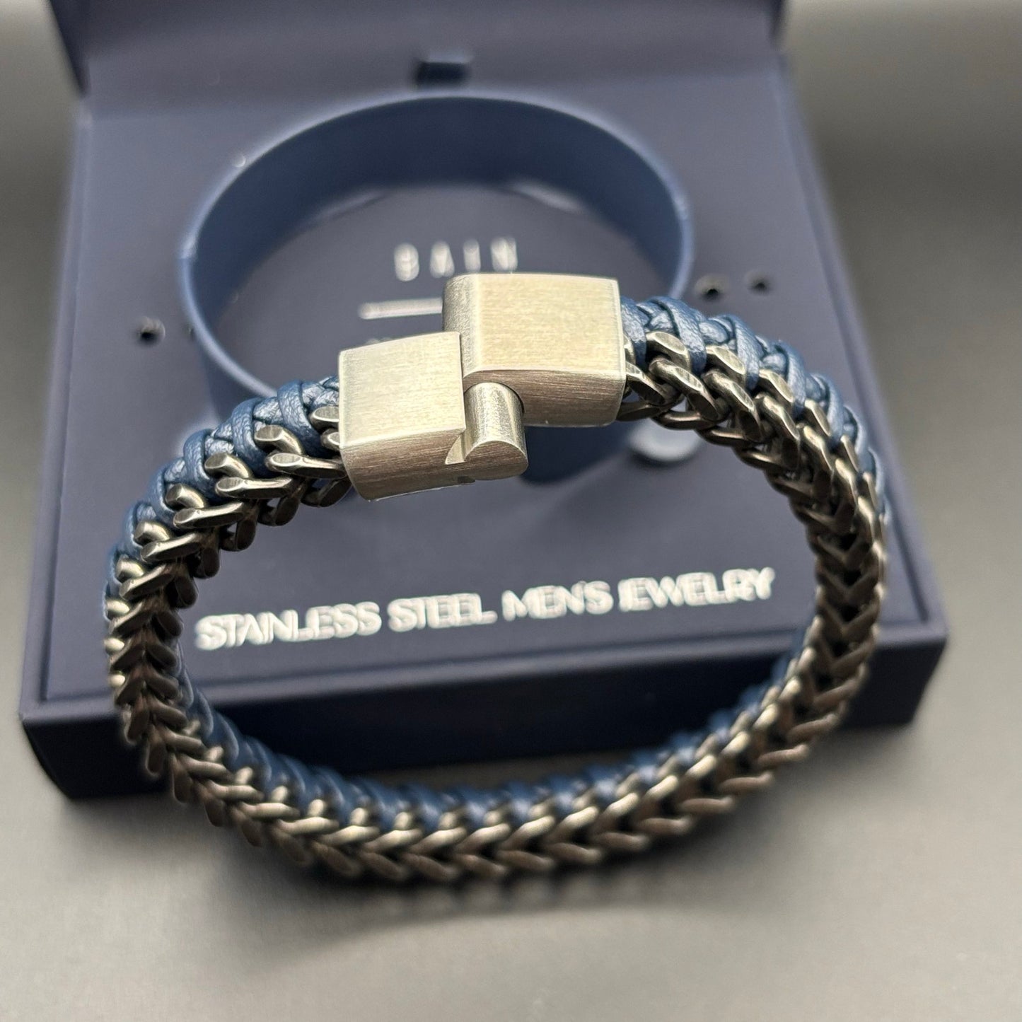 Bain Miller Mens Stainless Steel Blue Leather Woven Bracelet Slide Lock Clasp
