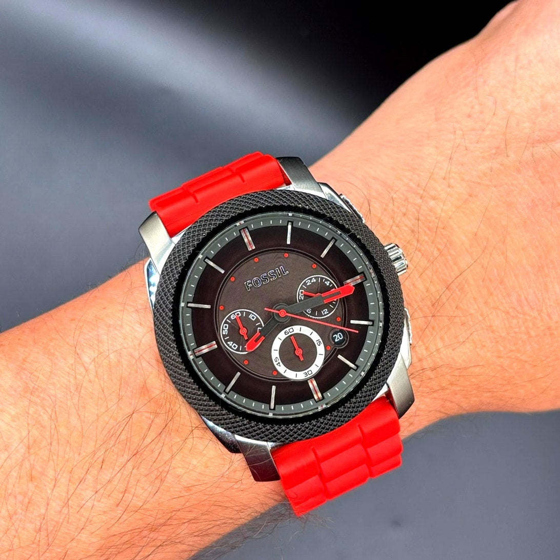 Fossil FS4598 Machine Chronograph Men’s Silver Red Silicone Strap Watch