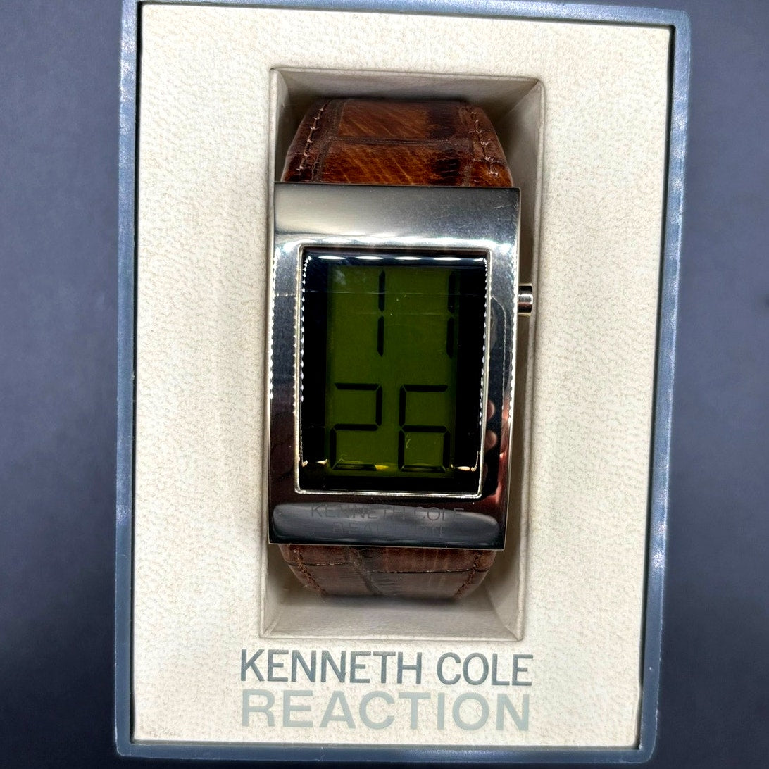 Kenneth Cole Reaction KC1398 Digital Gold Tone Brown Embossed Leather Watch Y2K
