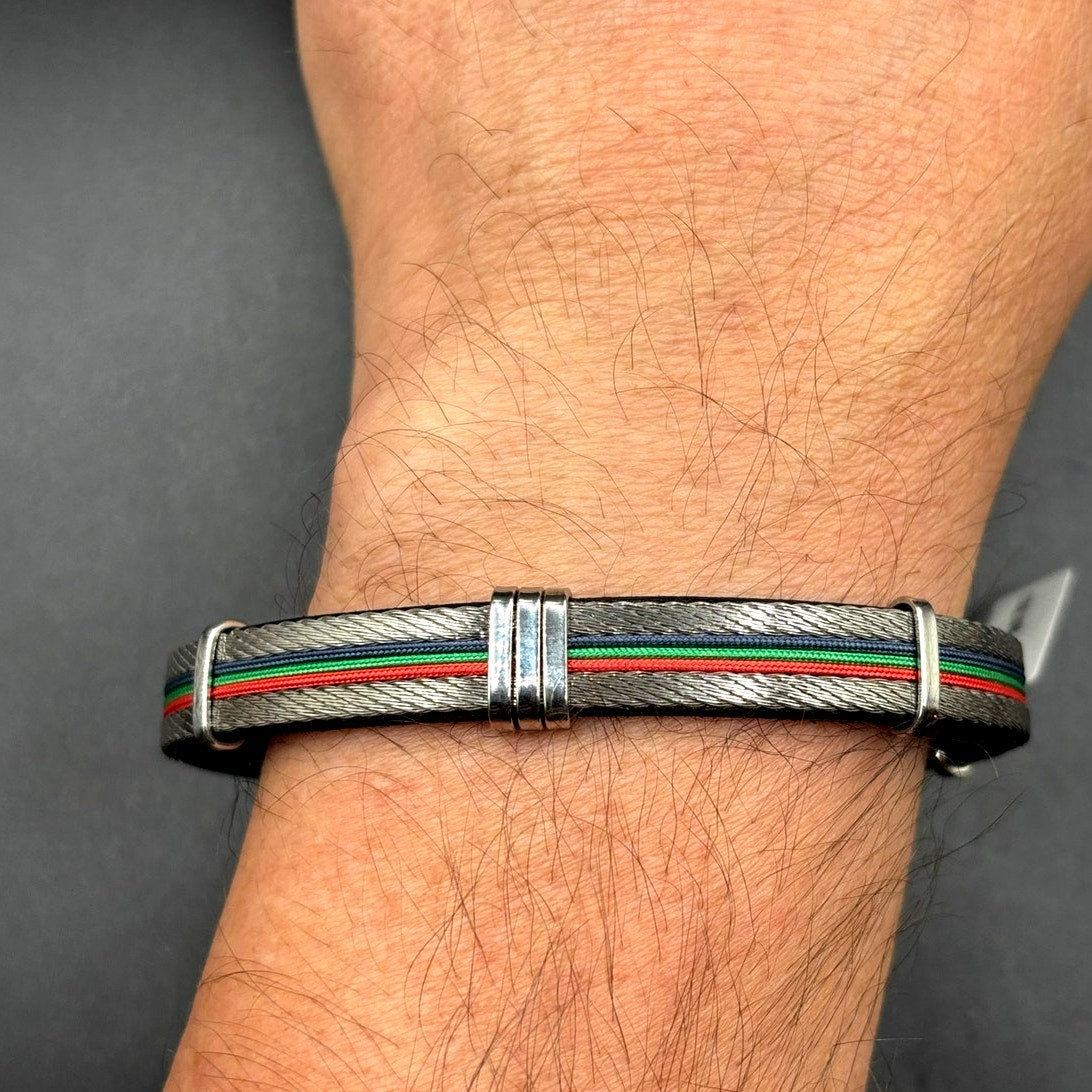 AMEN Italian Stainless Steel Cable Men's Bracelet Leather Red Green Blue NWT