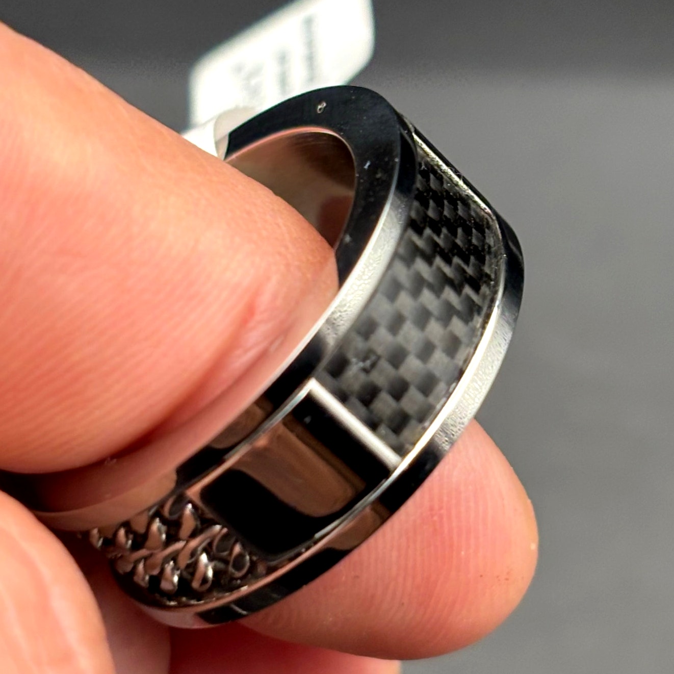 Blackjack BJR89W Men’s Stainless Steel Carbon Fiber Double Curb Link Ring SZ#10