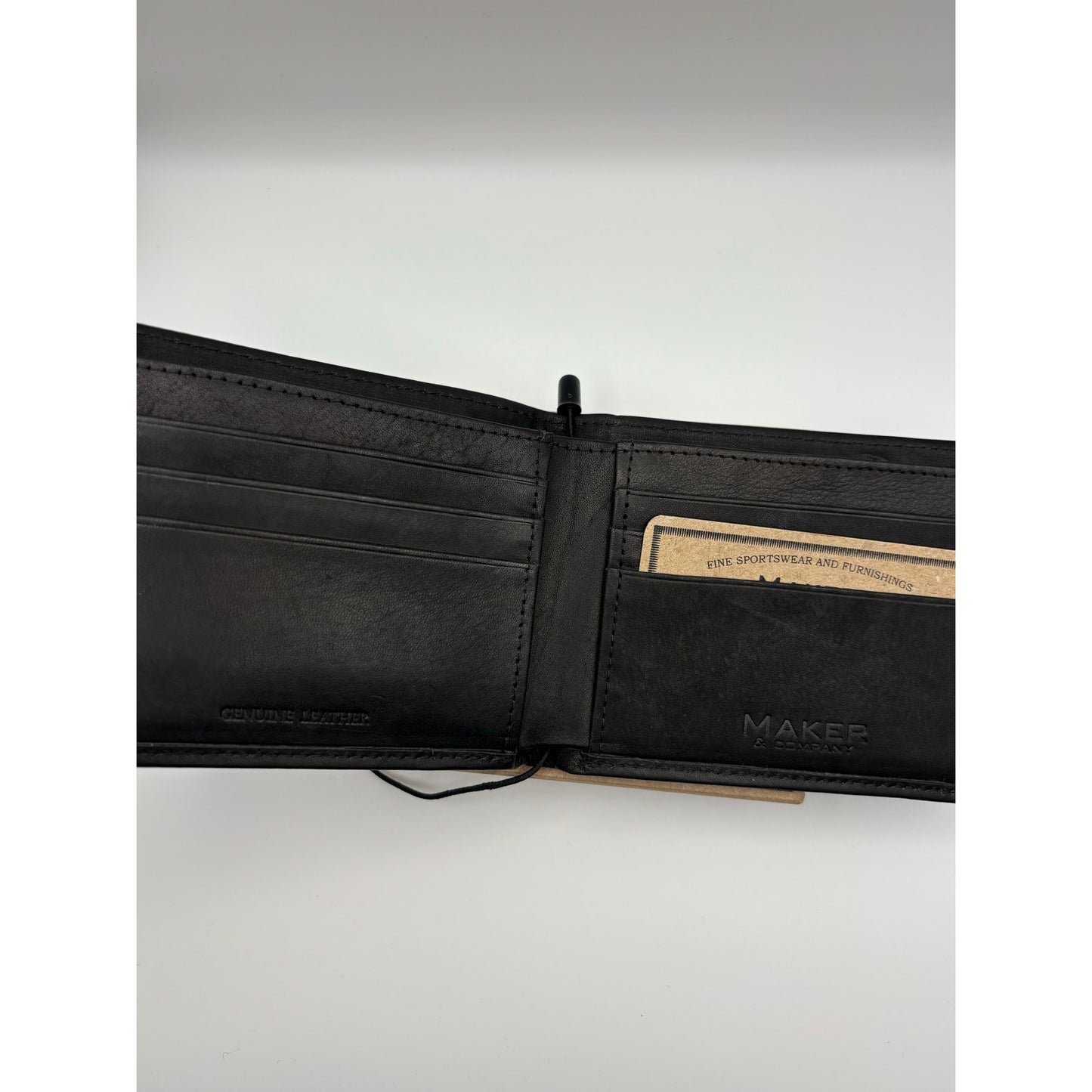Maker & Company Leather Bifold Wallet. Black with White Stitching. New with Box