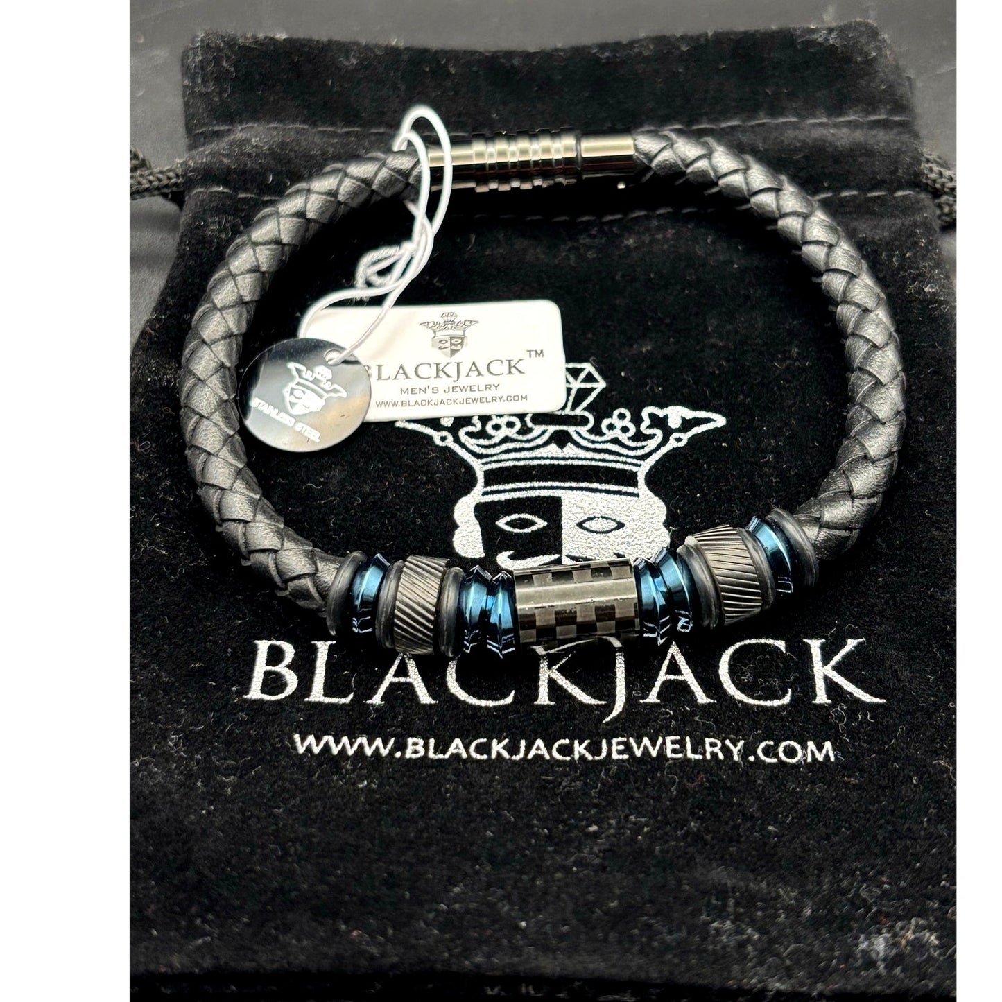 Blackjack BJB210BL Men's Leather Blue Stainless Steel Bracelet With Carbon Fiber
