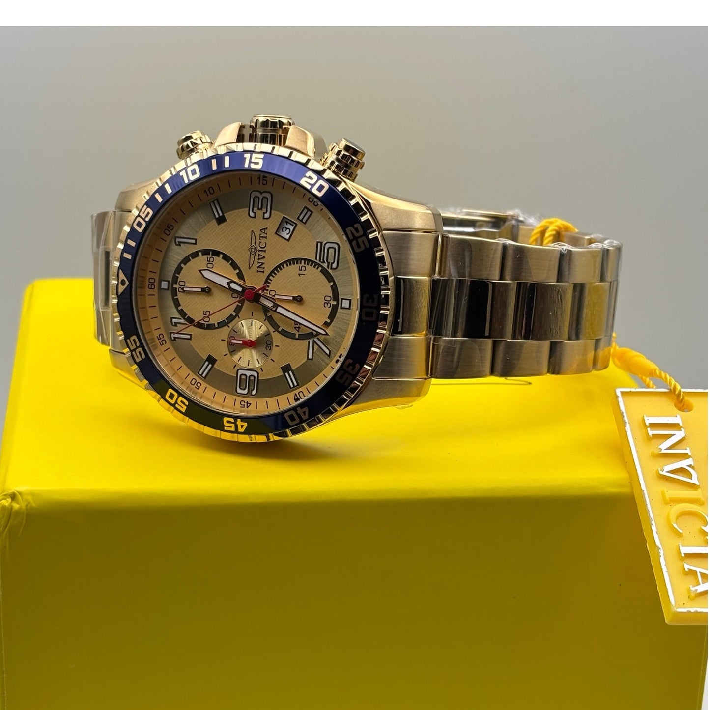 Invicta Specialty 49095 Mens Chronograph 45mm Gold Stainless Steel Blue Bezel