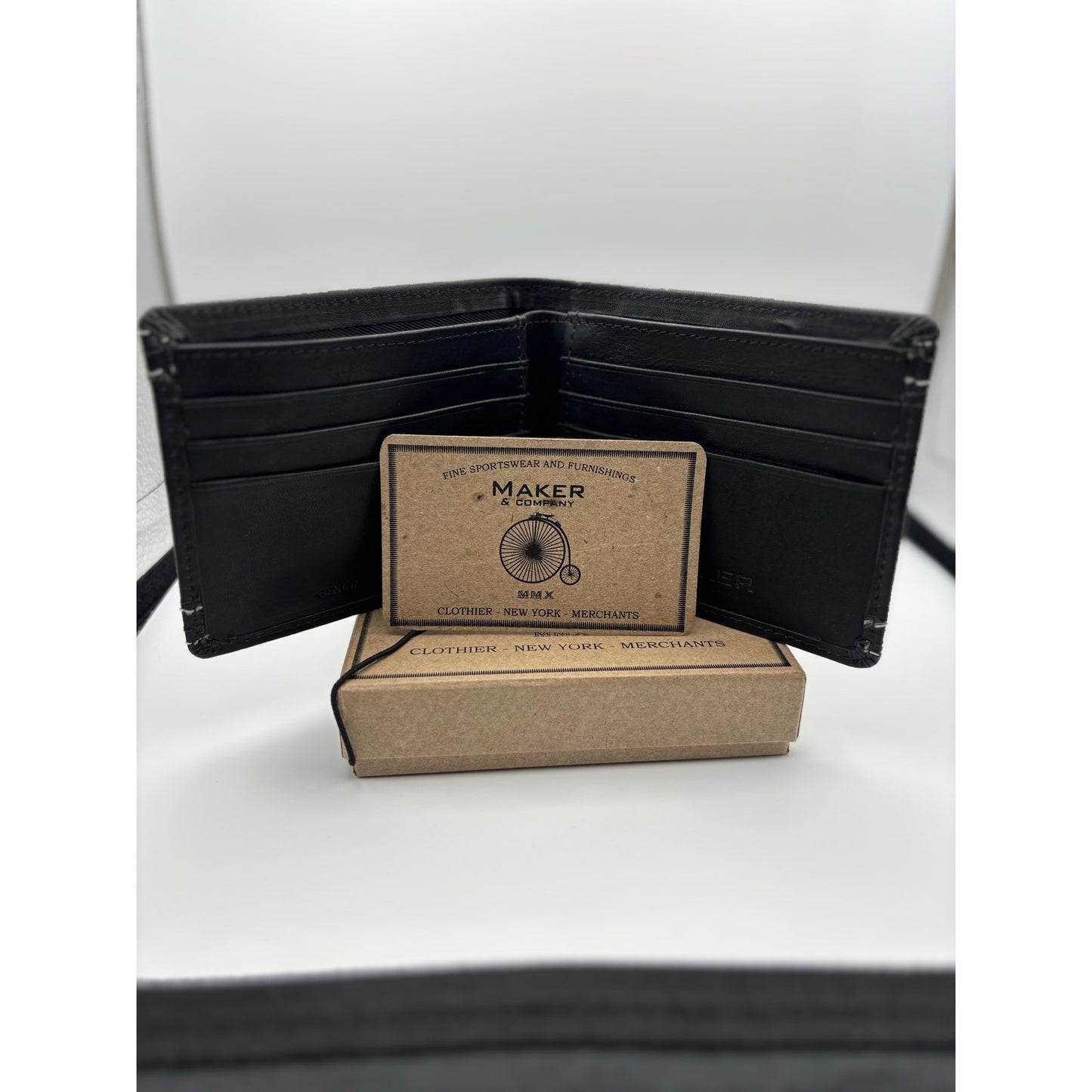 Maker & Company Leather Bifold Wallet. Black with White Stitching. New with Box
