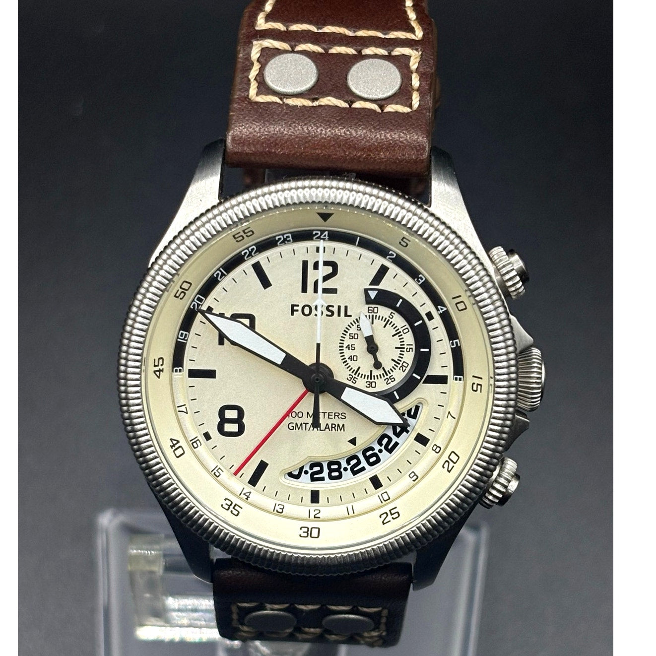 Fossil FS5043 Recruiter GMT Alarm Cream Dial Leather Strap Men’s 44mm Watch