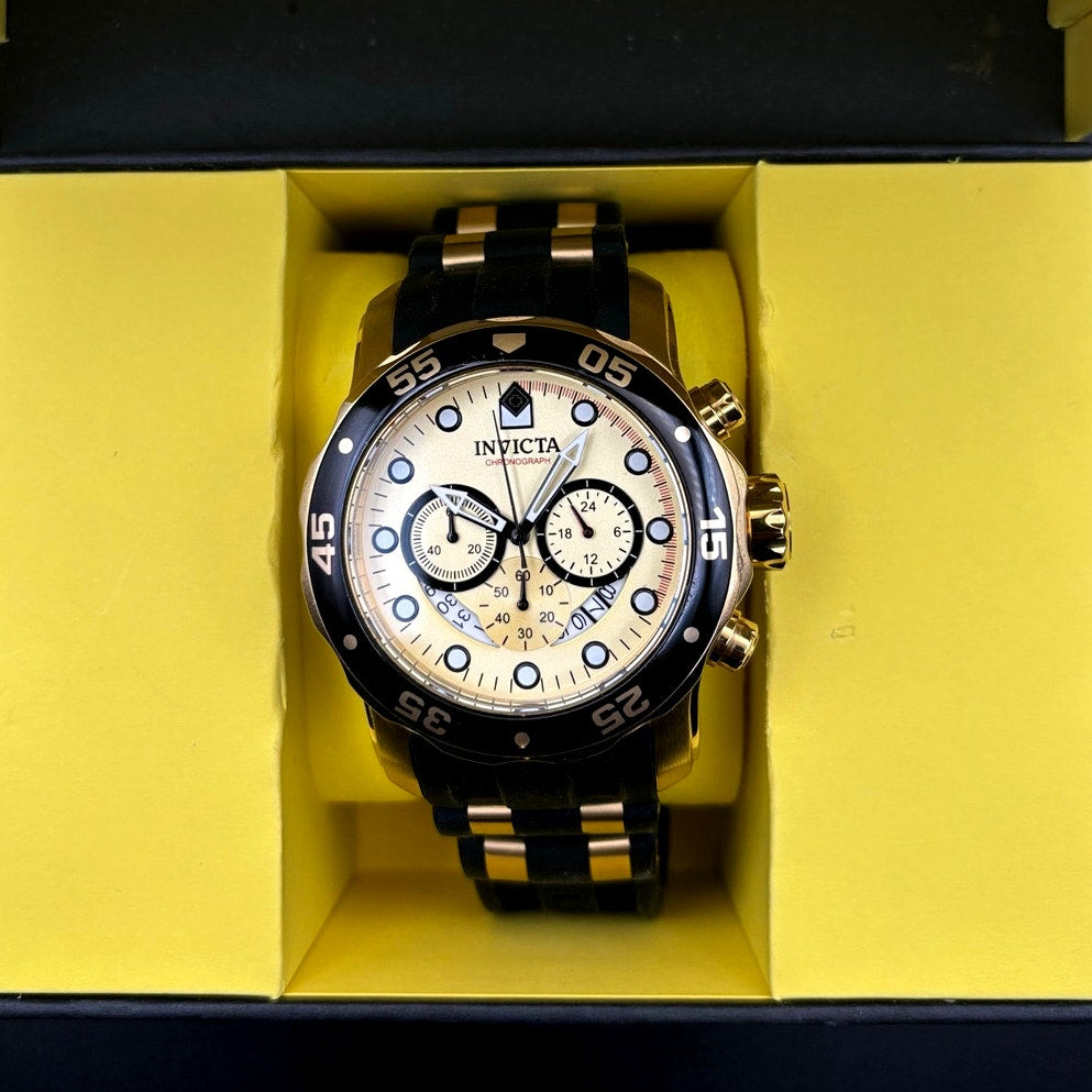 Invicta Pro Diver 17566 Men’s Chronograph Black & Gold Silicone Strap Watch NIB