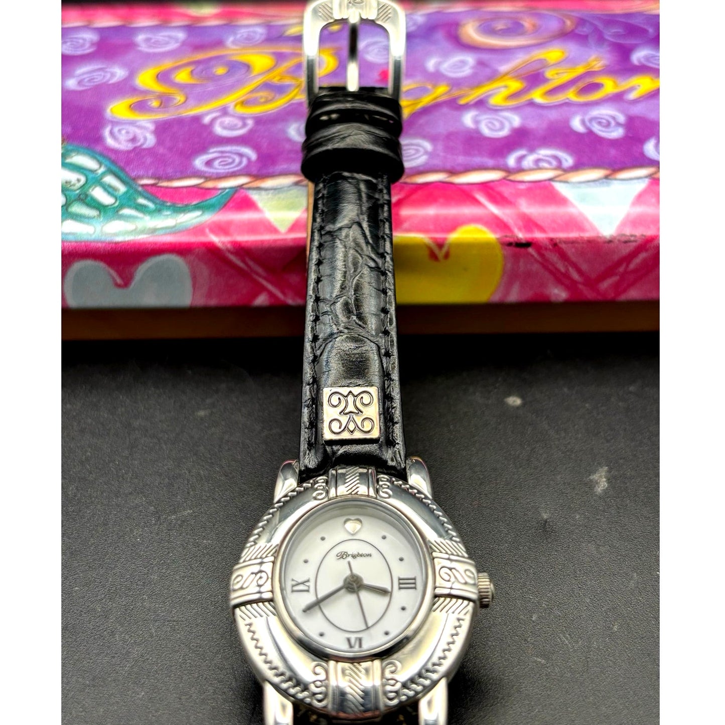 Brighton Moscow Women’s Silver Oval Black Italian Leather Vintage Watch NIB