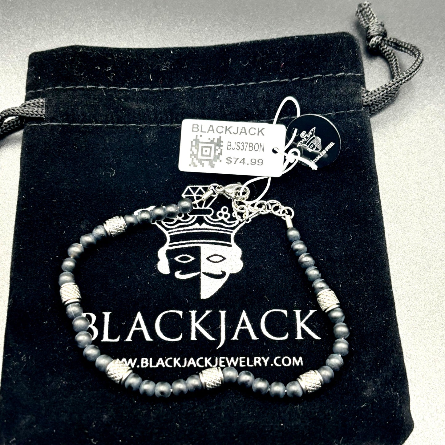 Blackjack BJS37BON Mens Genuine Onyx Stainless Steel Beaded Bracelet NIBWT