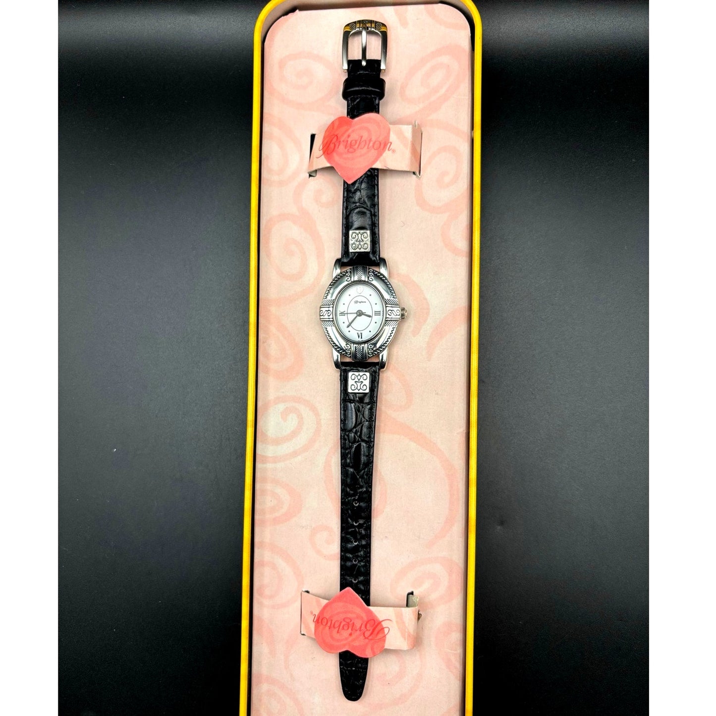 Brighton Moscow Women’s Silver Oval Black Italian Leather Vintage Watch NIB