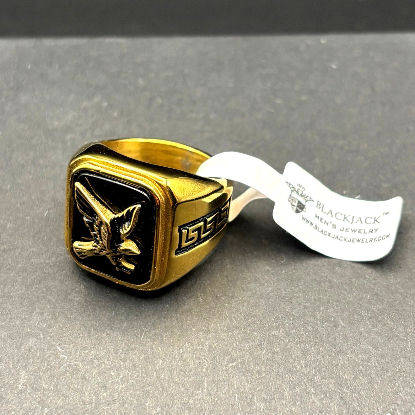 Blackjack BJZ03G Mens Onyx Eagle Ring 18K Gold Plated Stainless Steel NWT