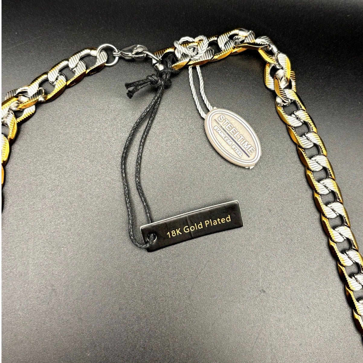 Steeltime 24" Men's 18k gold plated stainless steel flat curb chain necklace NWT