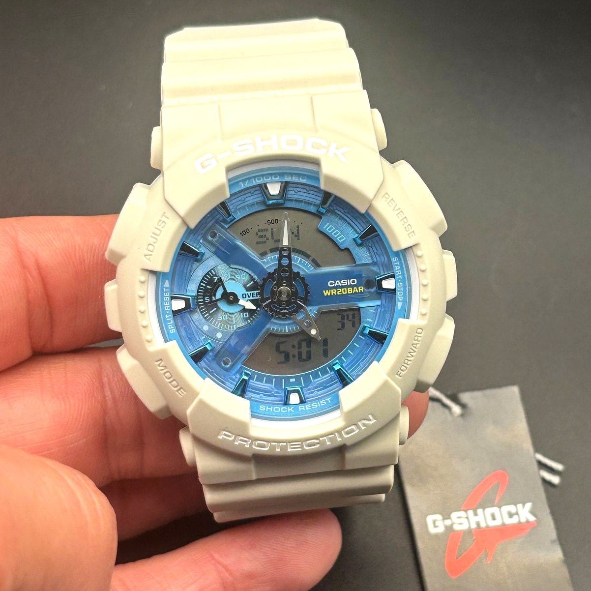 Casio G-Shock GA110AS-5A Men’s Beige Resin Blue Dial Analog Digital Watch NIBWT